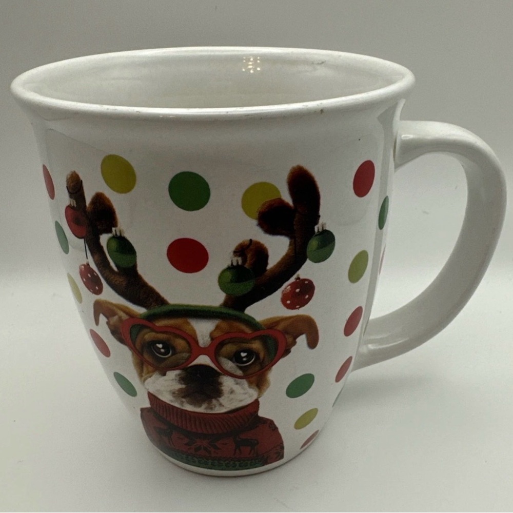 Flomo Dog Glasses Christmas Mug Coffee Cup Vintage Red Green Dog polka dot